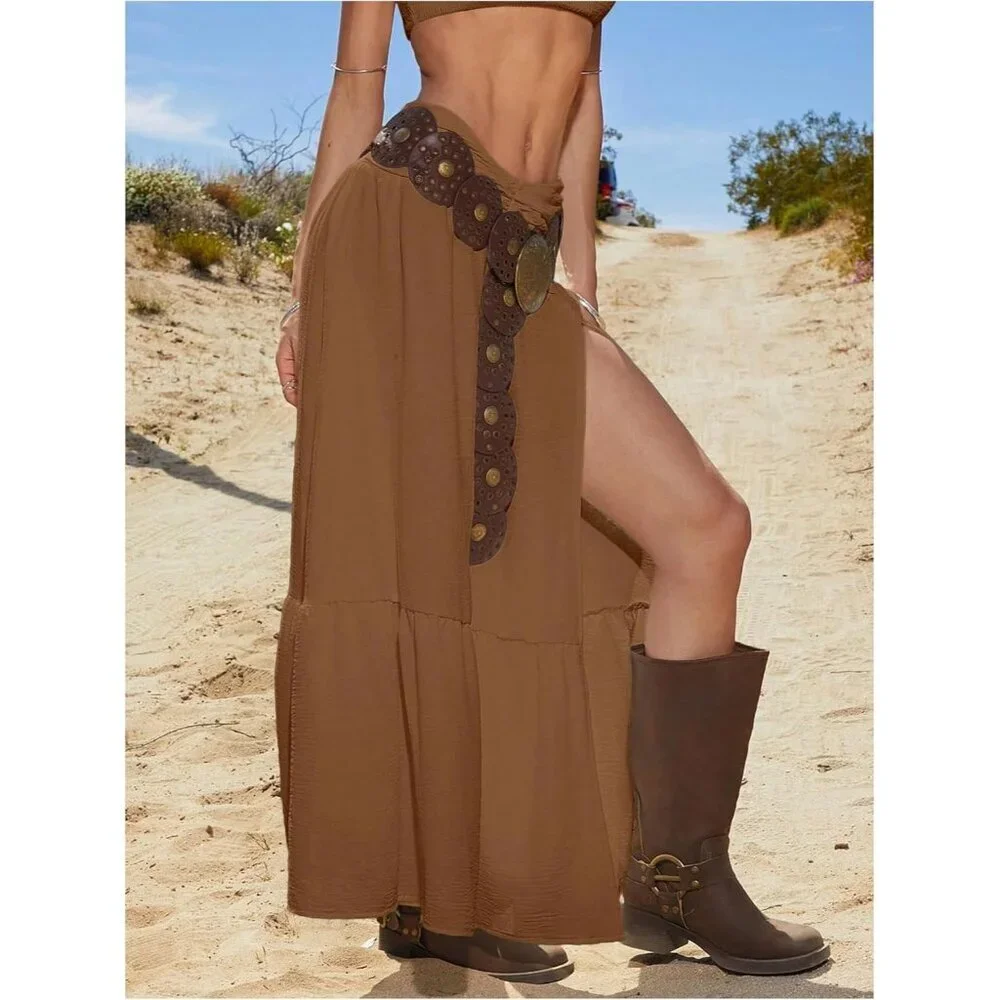 Women's Brown Boho Western Maxi Ruffle High Slit Country Cowgirl Skirts